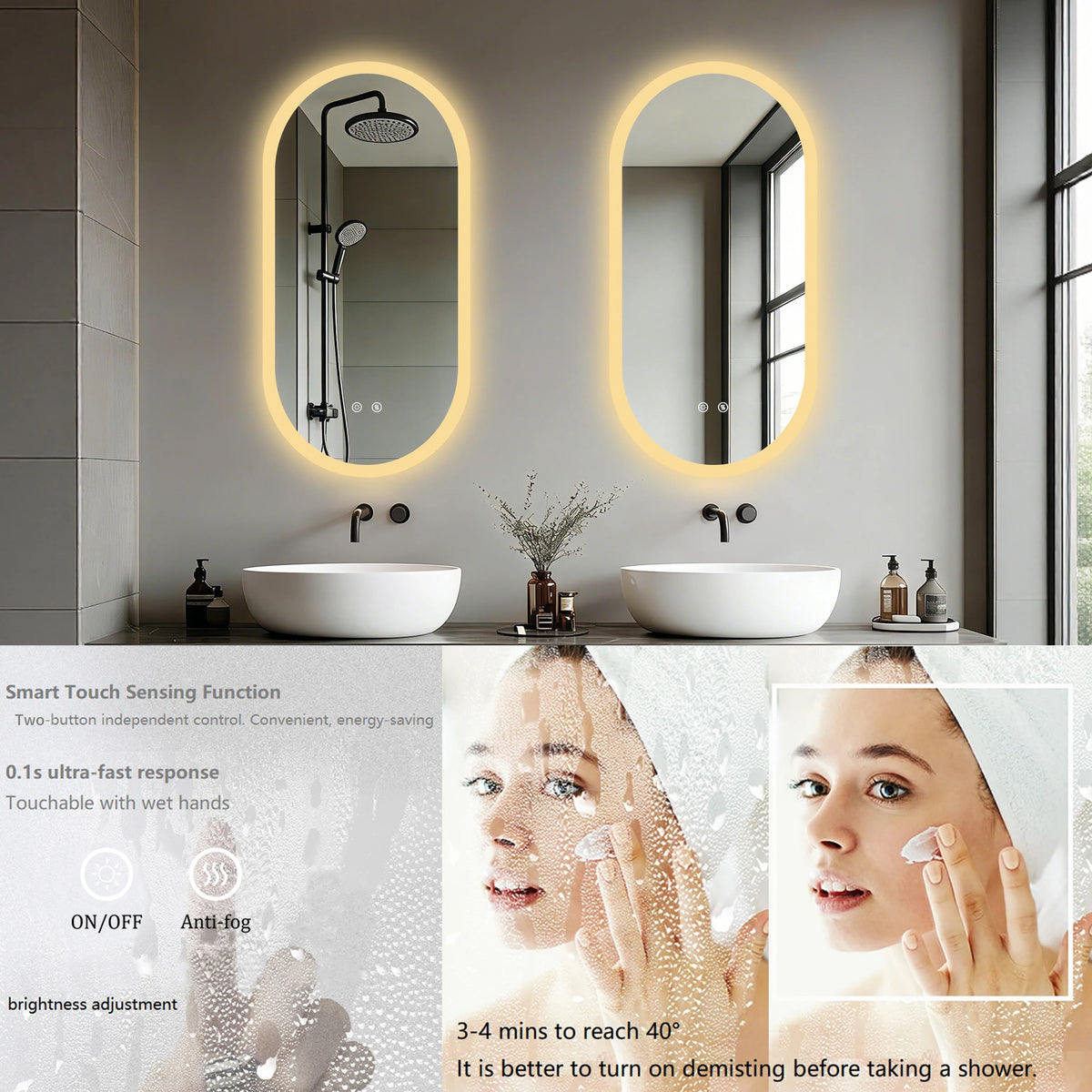 Borwart Smart Led Bathroom Mirror Anti Fog Dimmable Oval Frameless