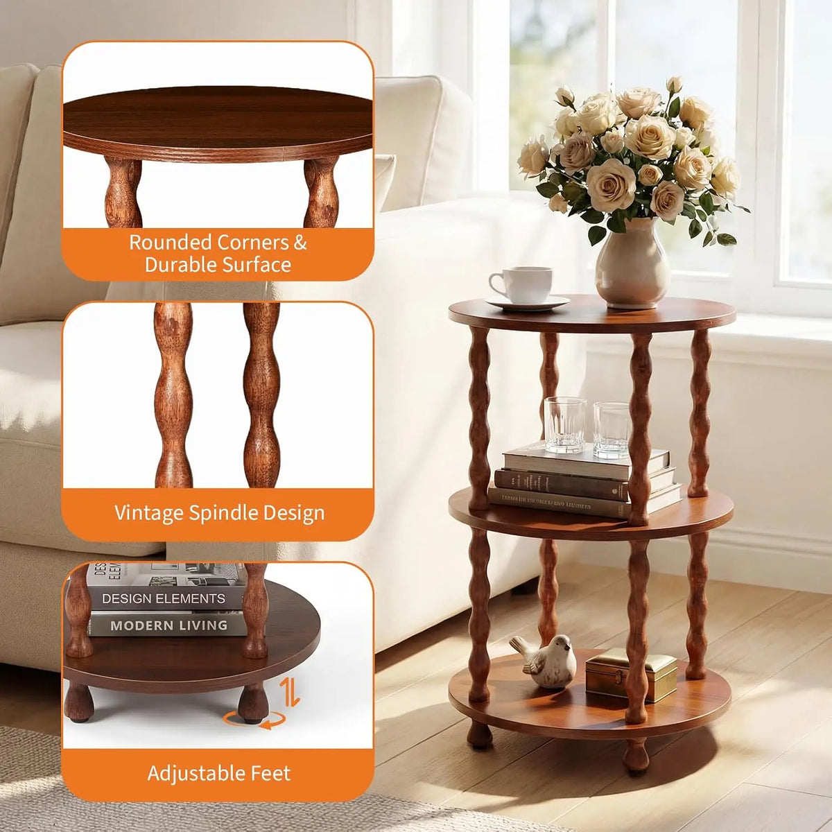 Vintage Three Tier Circular Side Table With Tool Storage Rack
