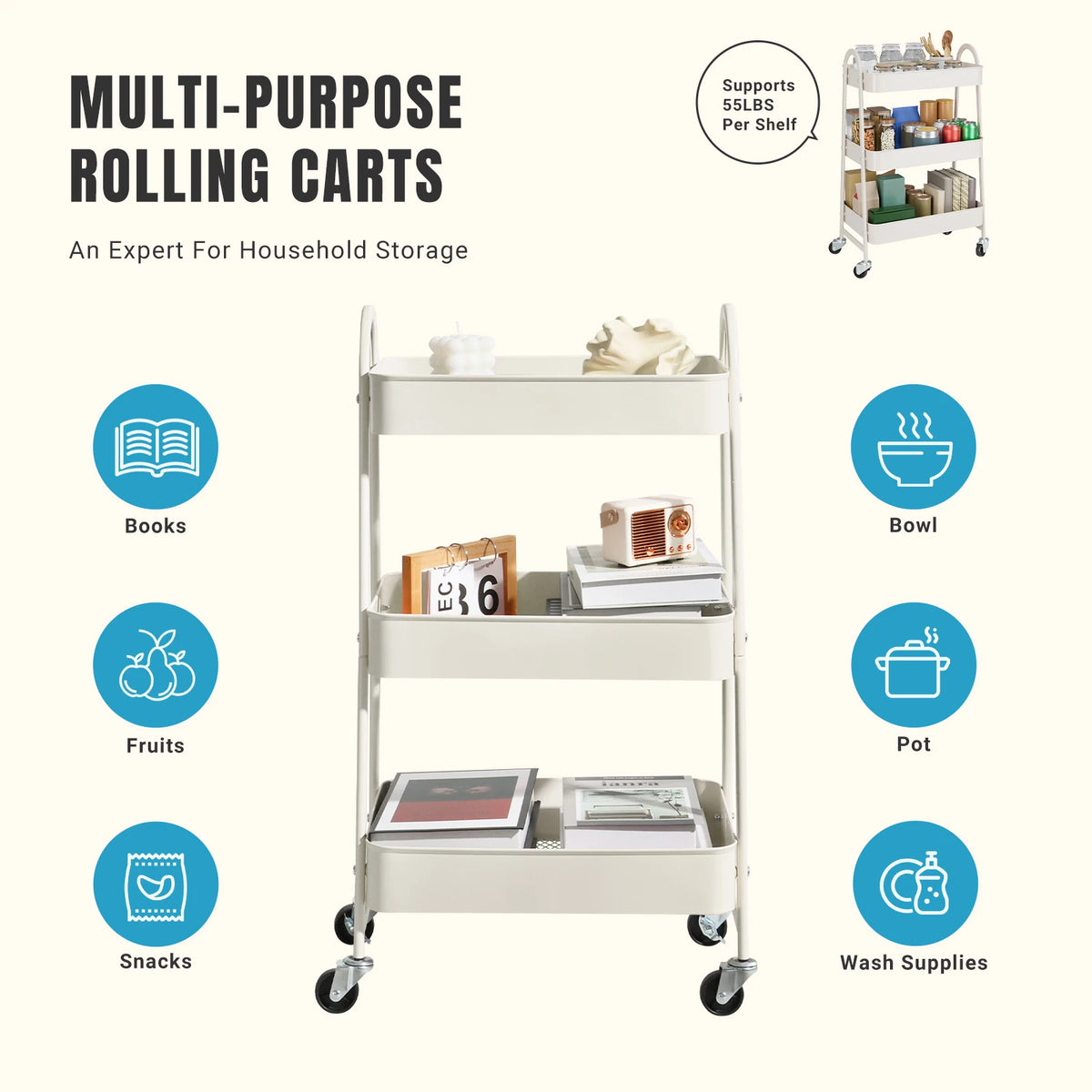 Jhk Three Tier Rolling Storage Cart With Secure Locking Wheels