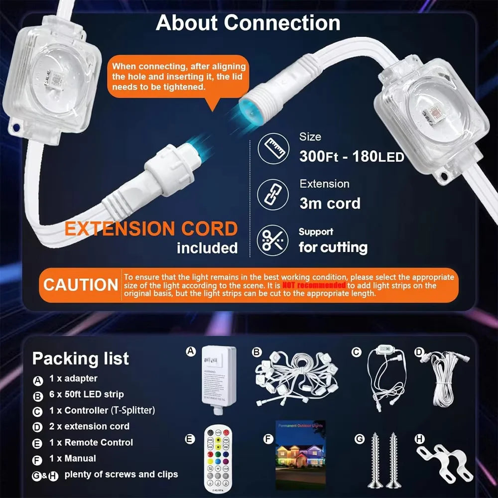 Smart App Remote RGB LED Eave String Lights IP67 Waterproof