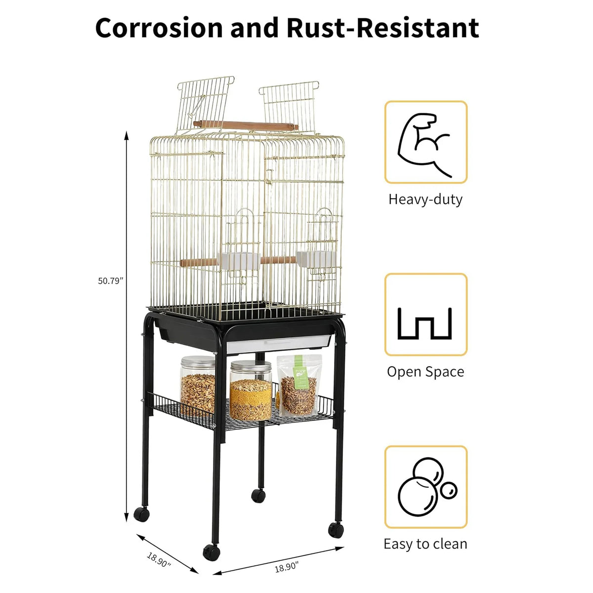 HiMISS Open Top Bird Cage With Rolling Stand And Shelf