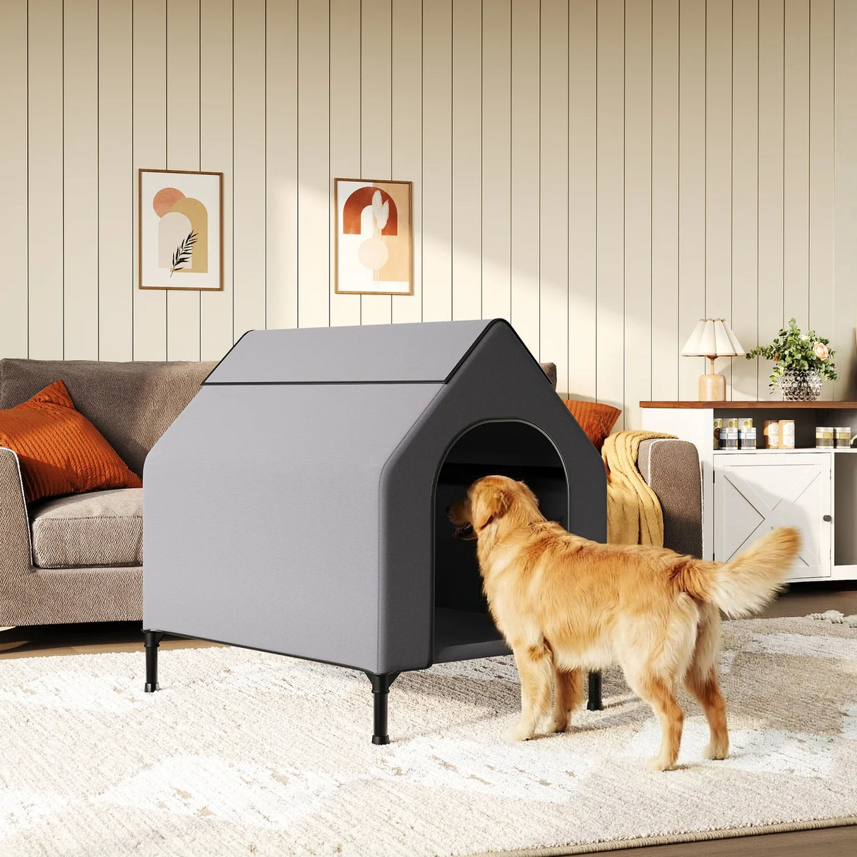 HiMiss Weatherproof Elevated Dog House With Mesh Bed Metal Frame