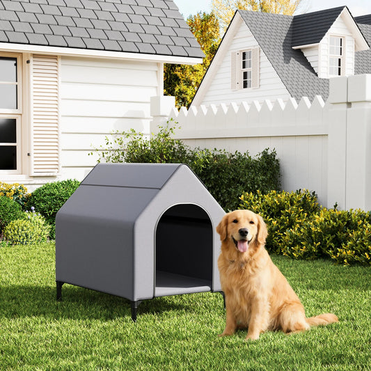 HiMiss Weatherproof Elevated Dog House With Mesh Bed Metal Frame