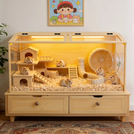 Natural Wooden Tabletop Hamster Cage With Dual Door And Light