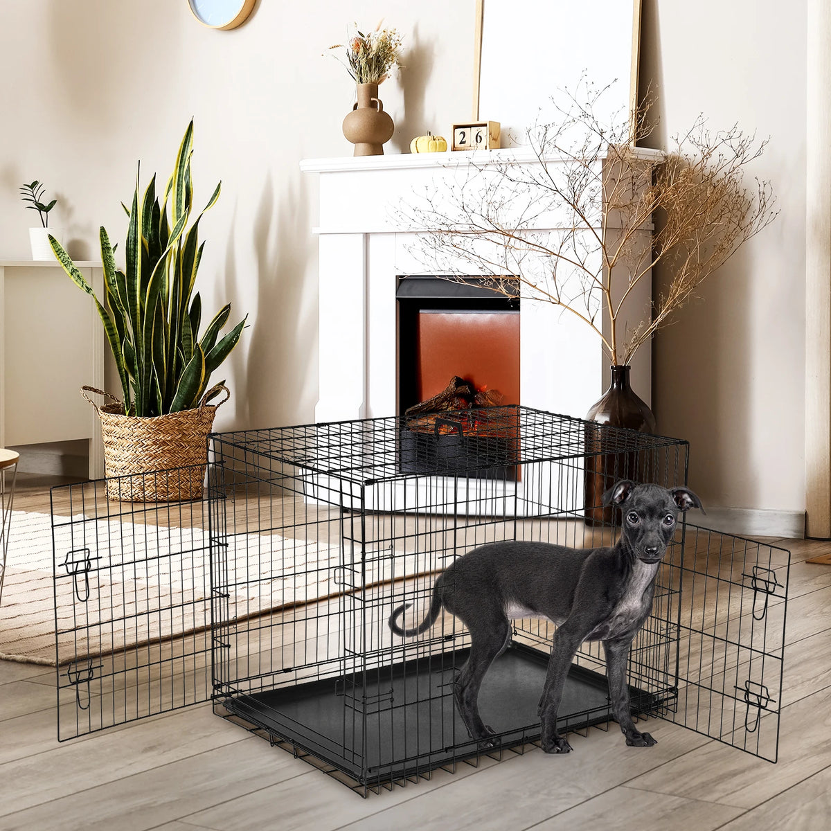 JHK Double Door Folding Metal Dog Crate Leak Proof Tray