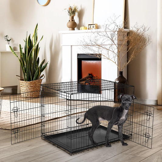 JHK Double Door Folding Metal Dog Crate Leak Proof Tray