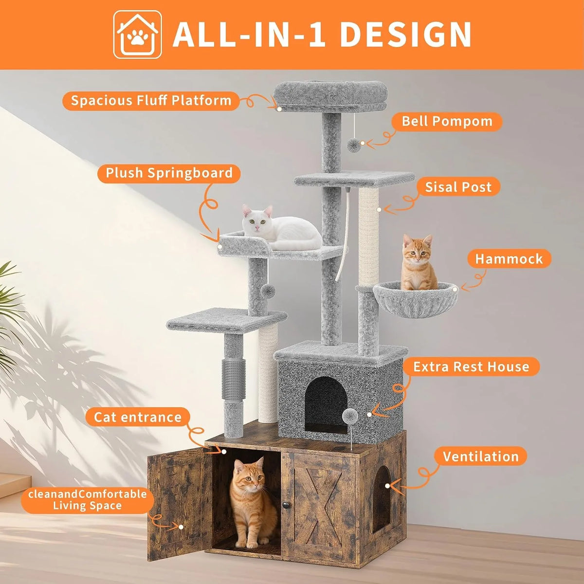 Multi Level Cat Condo With Integrated Litter Box And Hammock
