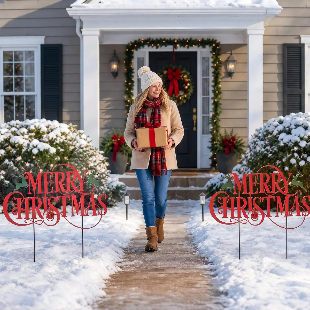 Merry Christmas Reindeer Yard Signs With Stakes For Outdoor Decor