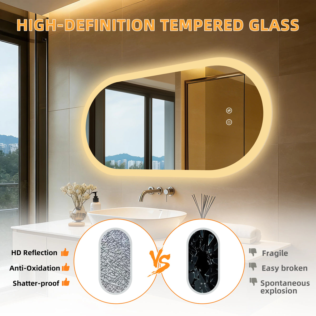 Borwart Smart Led Bathroom Mirror Anti Fog Dimmable Oval Frameless