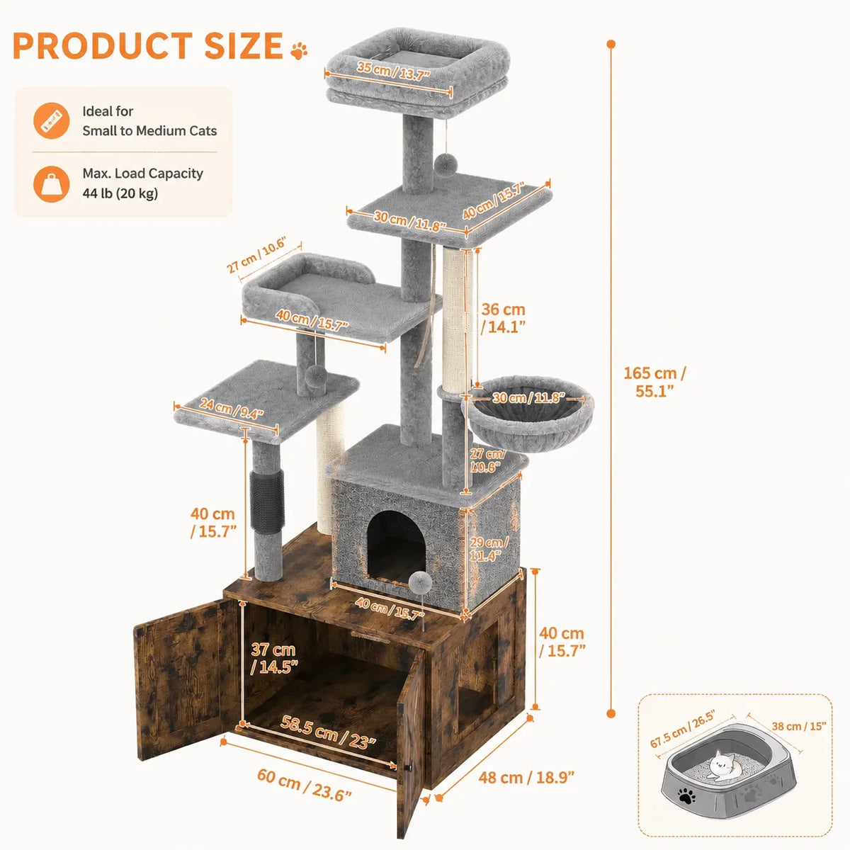 Multi Level Cat Condo With Integrated Litter Box And Hammock