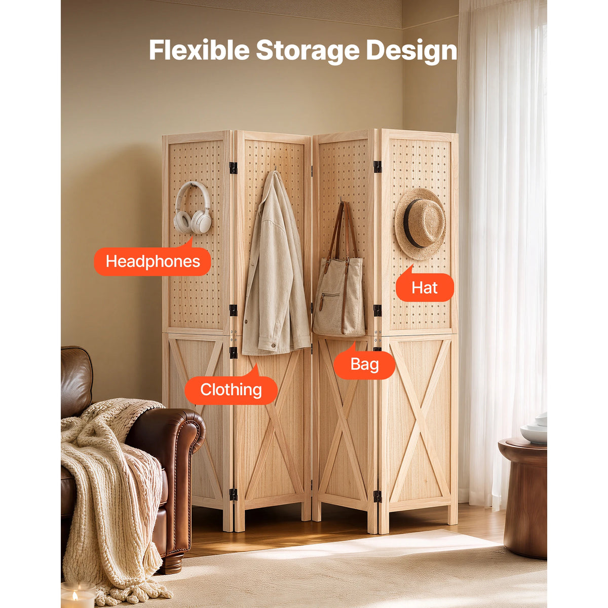 SucceBuy Four Panel Wood Folding Privacy Screen Room Divider