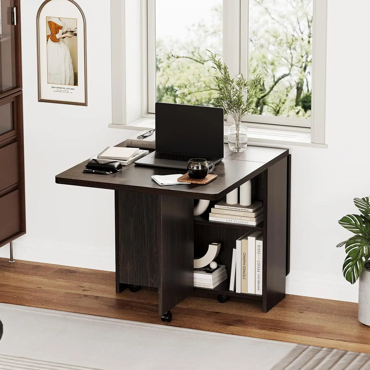 Garvee Extendable Drop Leaf Wooden Dining Table With Rolling Storage