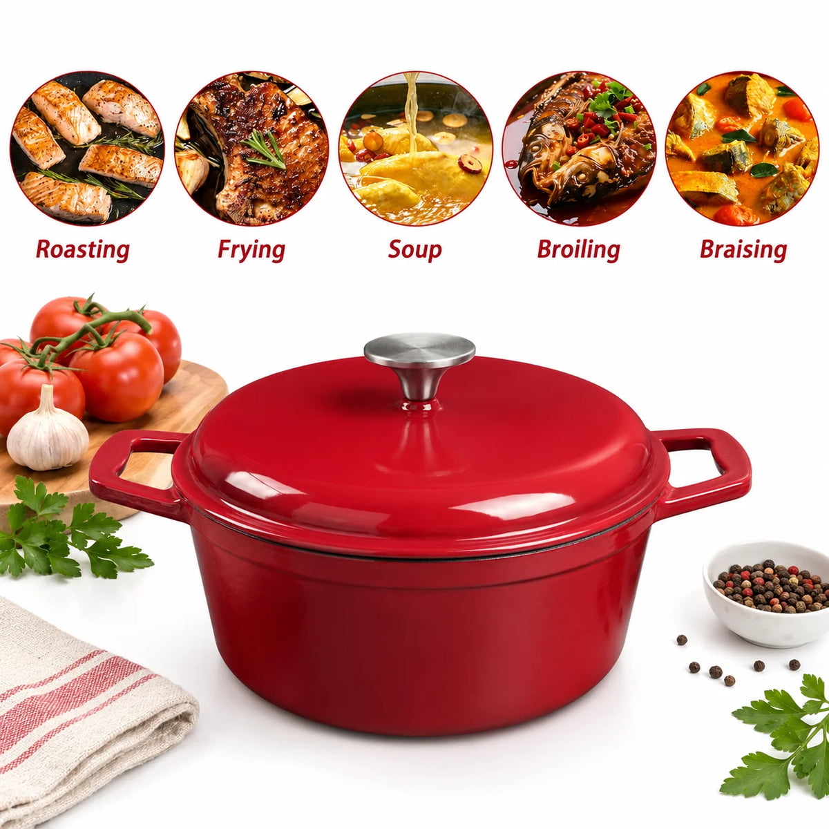 HanSMART Enameled Cast Iron Round Dutch Oven With Lid
