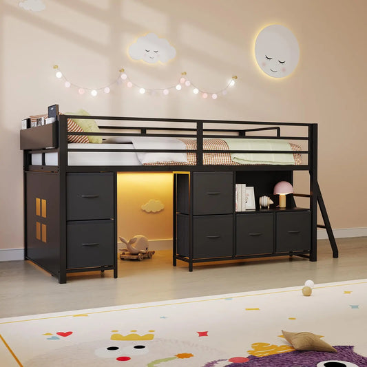 HiMISS Modern Metal Loft Bed With Integrated Work Desk