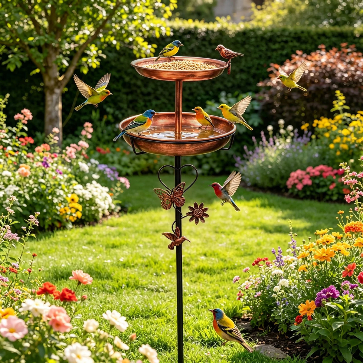 Double Layer Bird Bath Stand Outdoor Metal Garden Decor