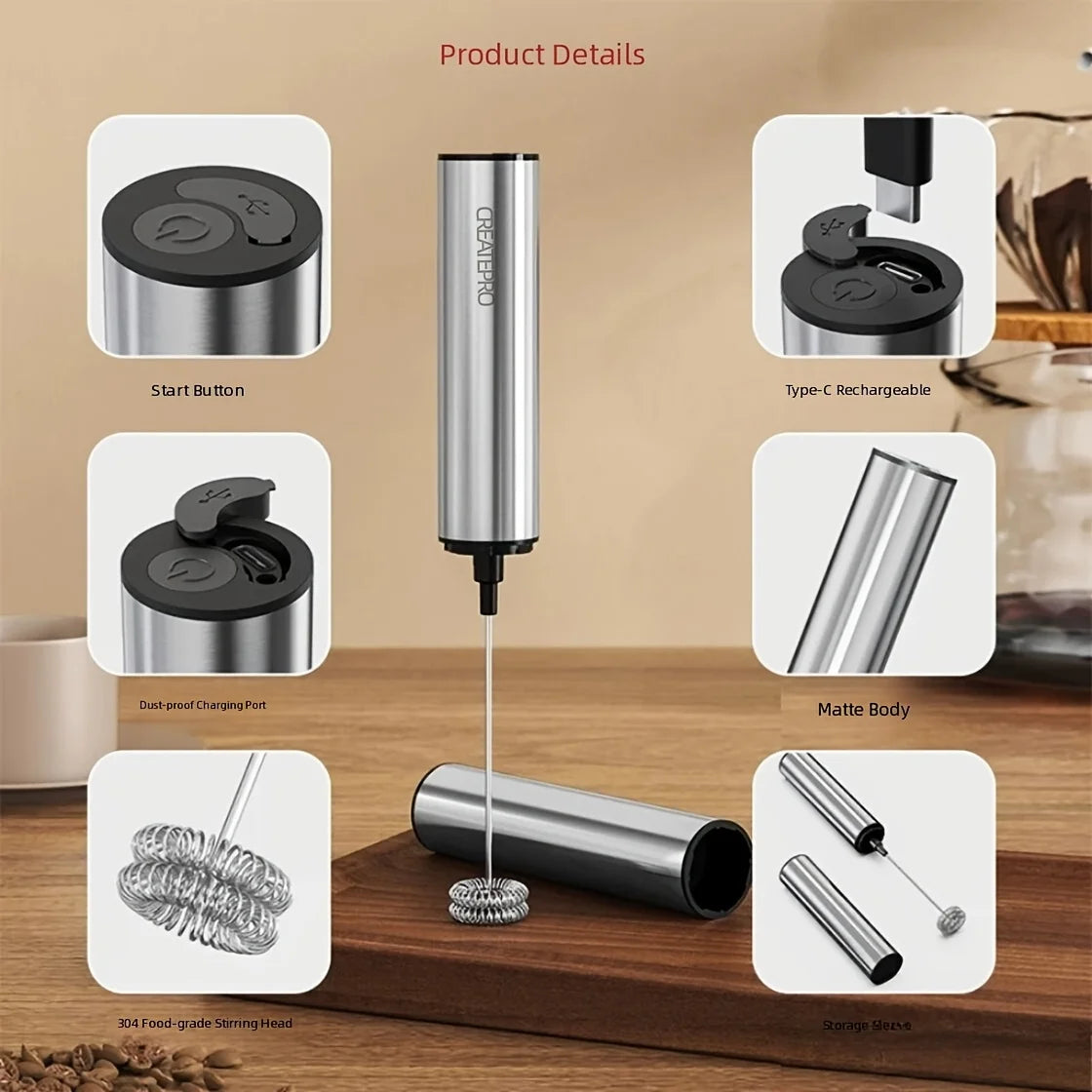 Rechargeable Stainless Steel Milk Frother For Latte And Cappuccino