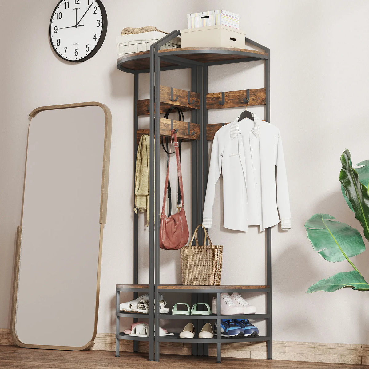 Industrial 4-Tier Corner Hall Tree With 8 Hooks Shoe Storage