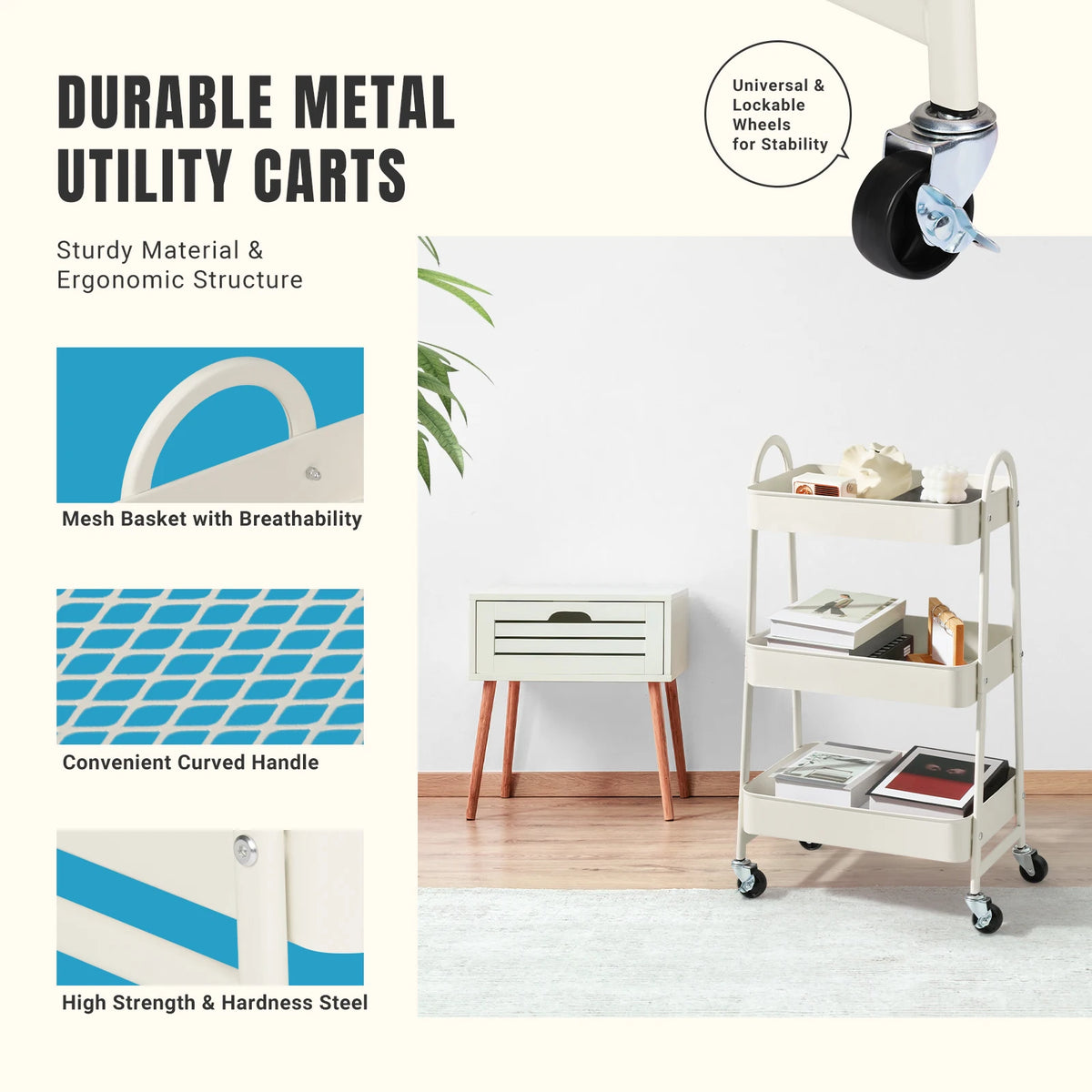 Jhk Three Tier Rolling Storage Cart With Secure Locking Wheels