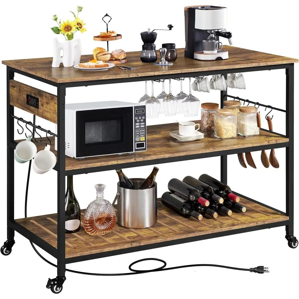 Rolling Kitchen Cart With Power Outlet And Wine Rack