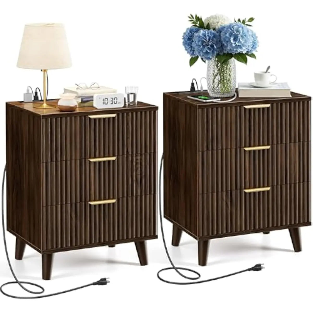 Modern Fluted Nightstand With Soft Close Drawers And Usb Ports