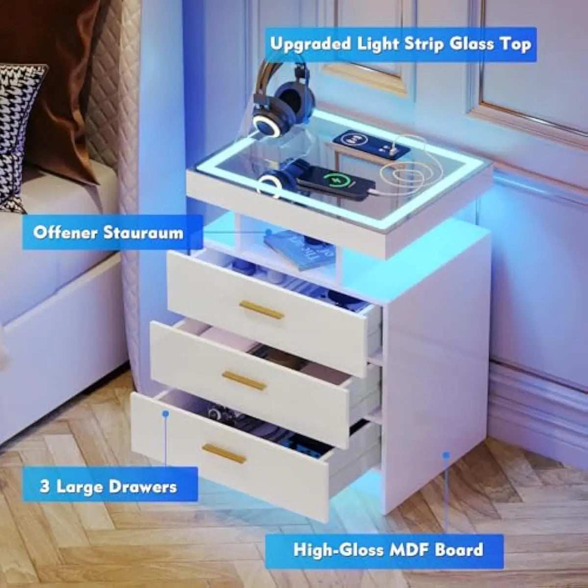 Modern LED Motion Sensor Nightstand Set With Triple Color Lighting