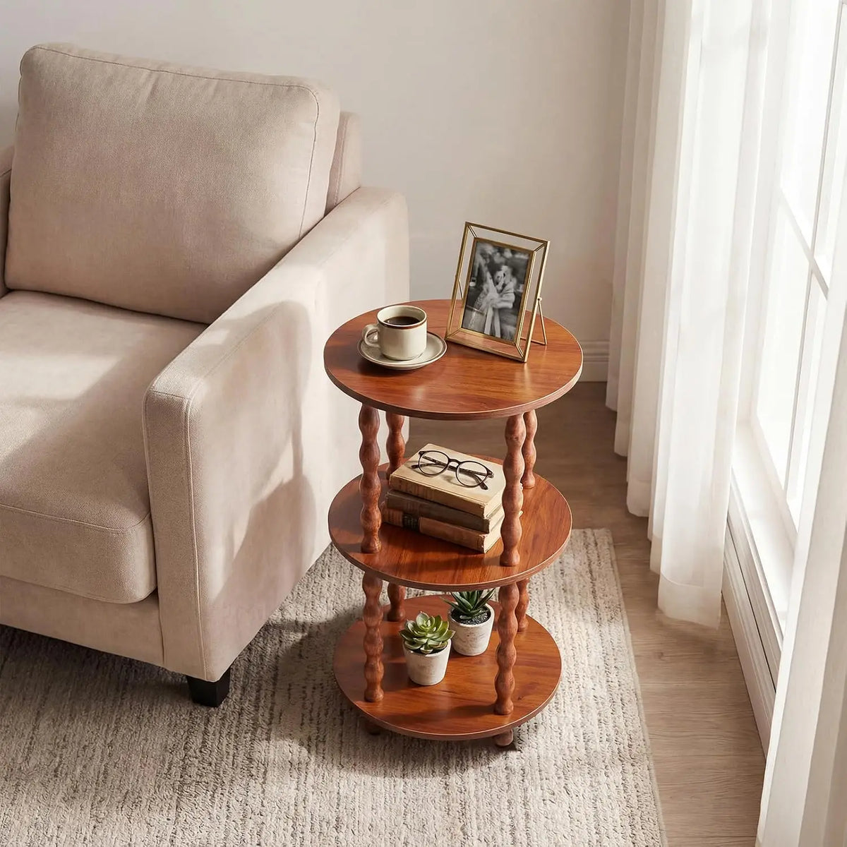 Vintage Three Tier Circular Side Table With Tool Storage Rack