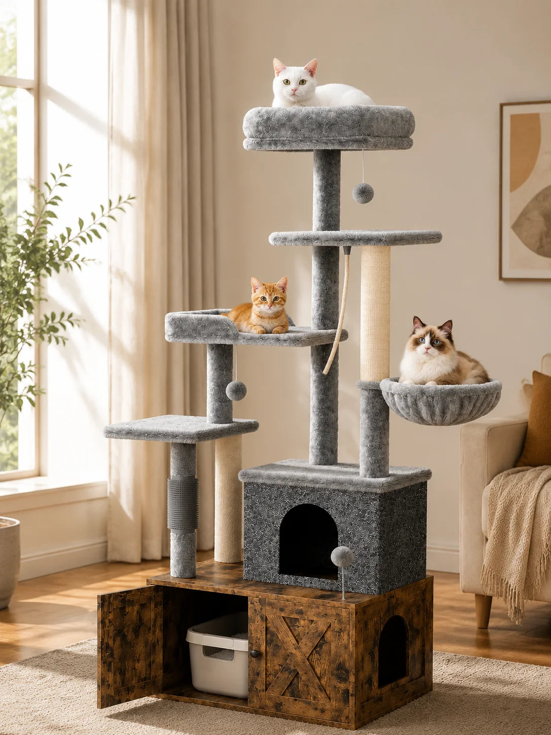 Multi Level Cat Condo With Integrated Litter Box And Hammock