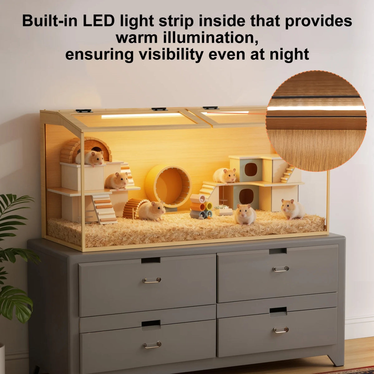 Natural Wooden Tabletop Hamster Cage With Dual Door And Light