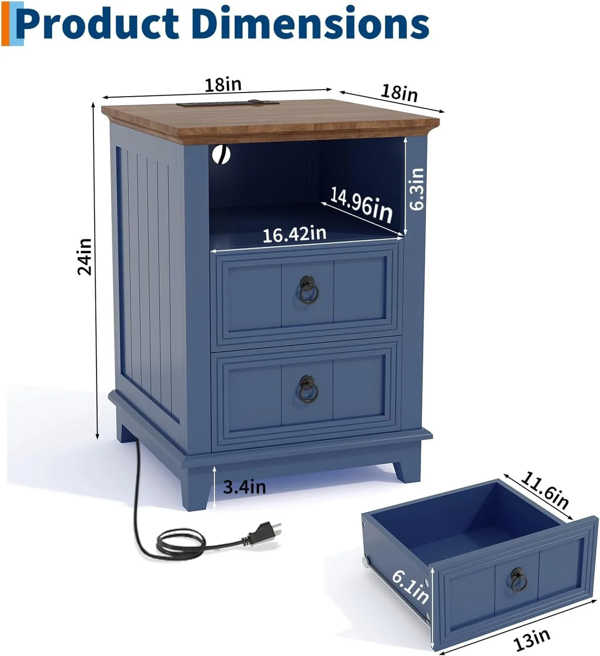 Modern Fluted Wood Nightstand With USB Charging Station And Drawers