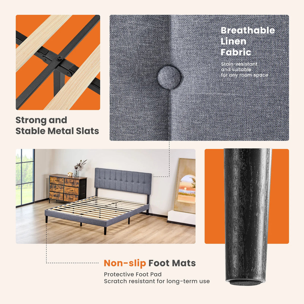 MCQ Upholstered Platform Bed Frame With Adjustable Headboard