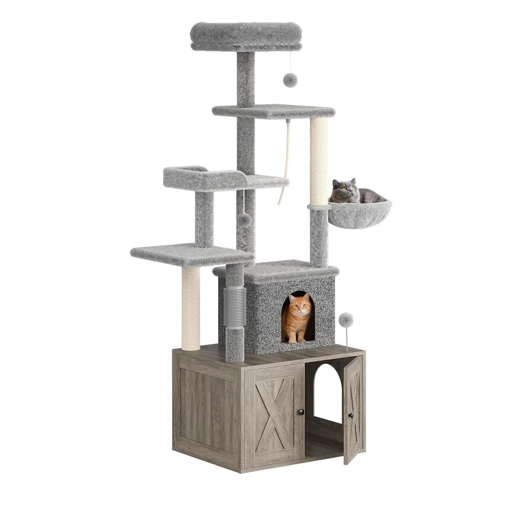 Multi Level Cat Condo With Integrated Litter Box And Hammock
