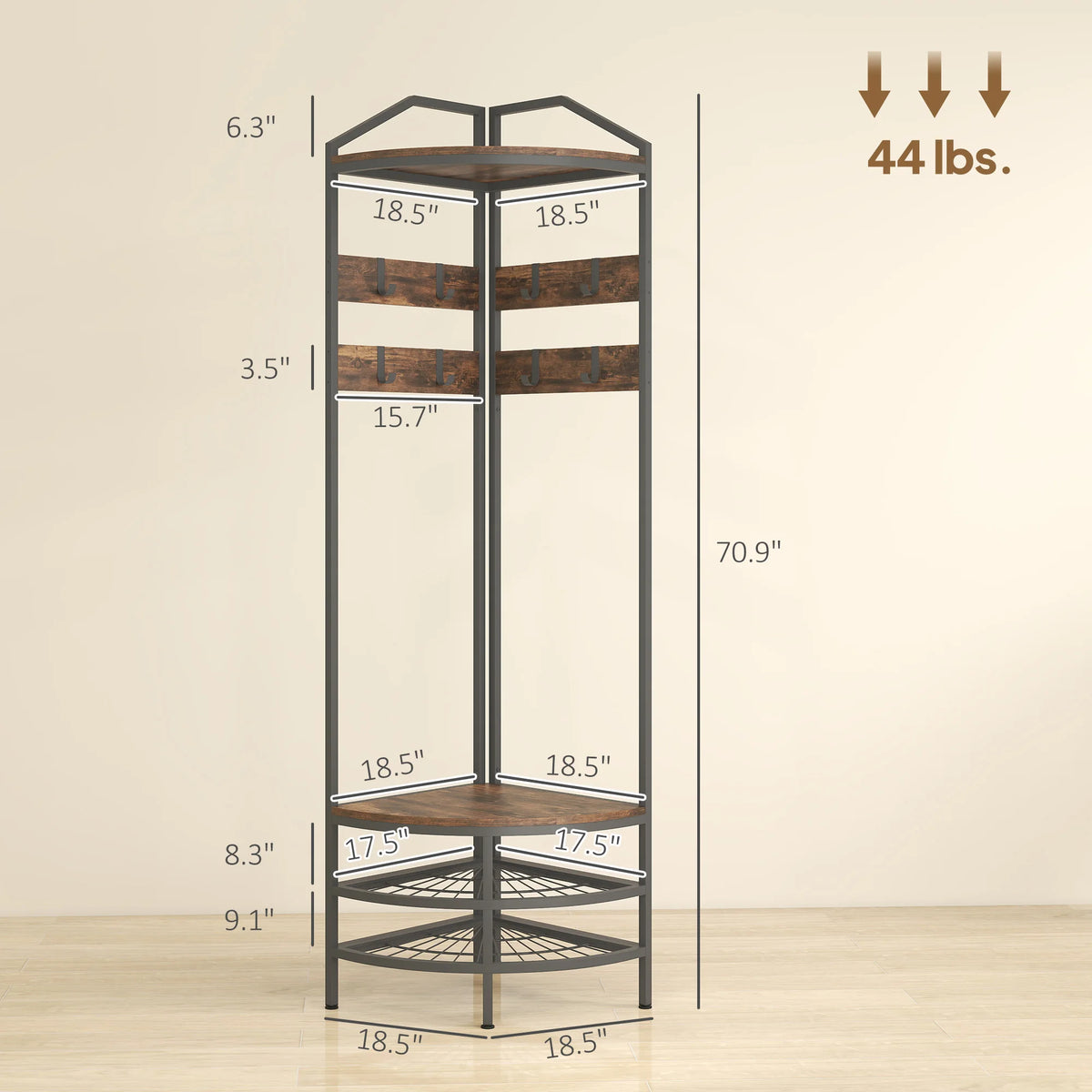 Industrial 4-Tier Corner Hall Tree With 8 Hooks Shoe Storage