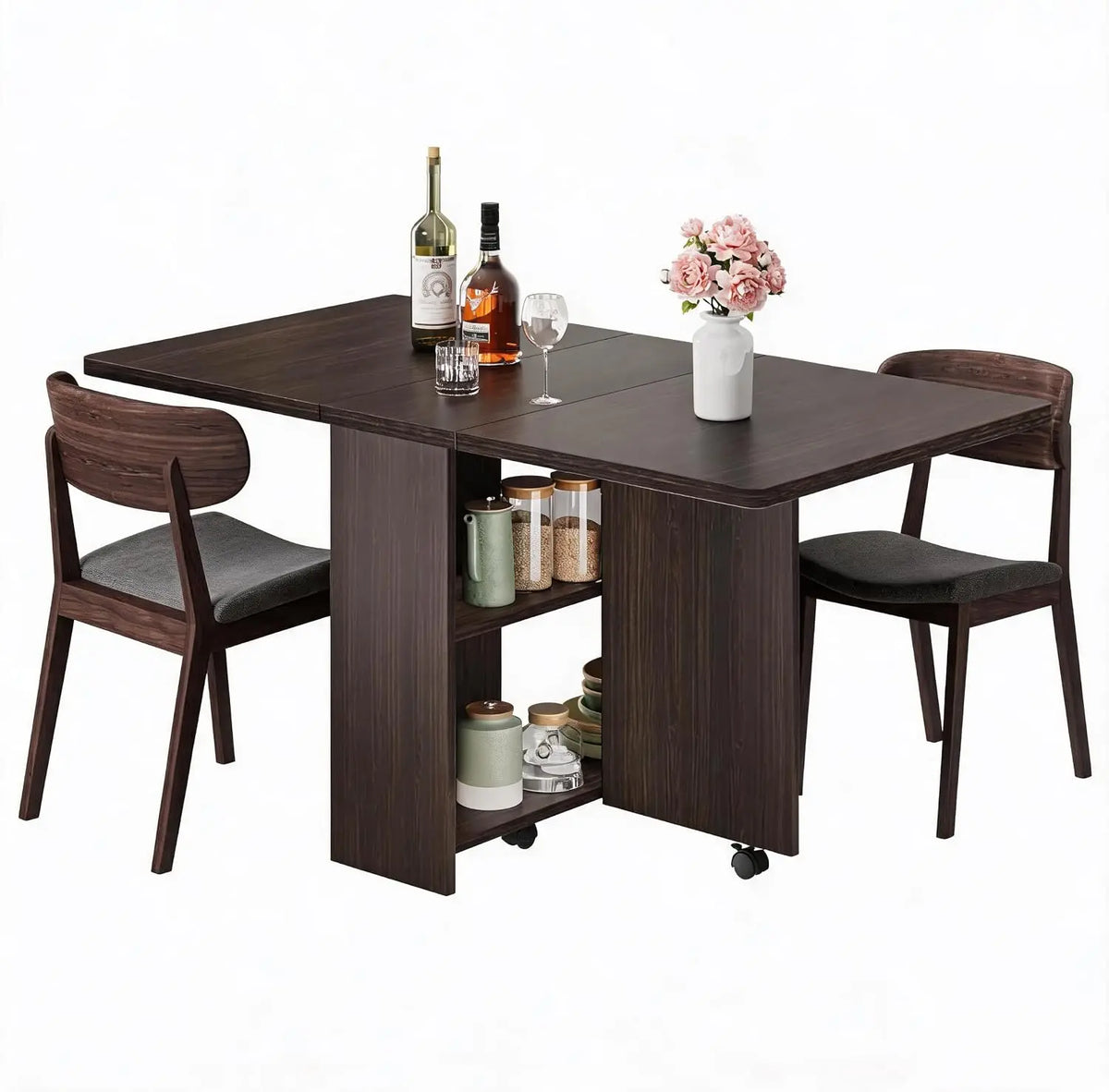 Garvee Extendable Drop Leaf Wooden Dining Table With Rolling Storage
