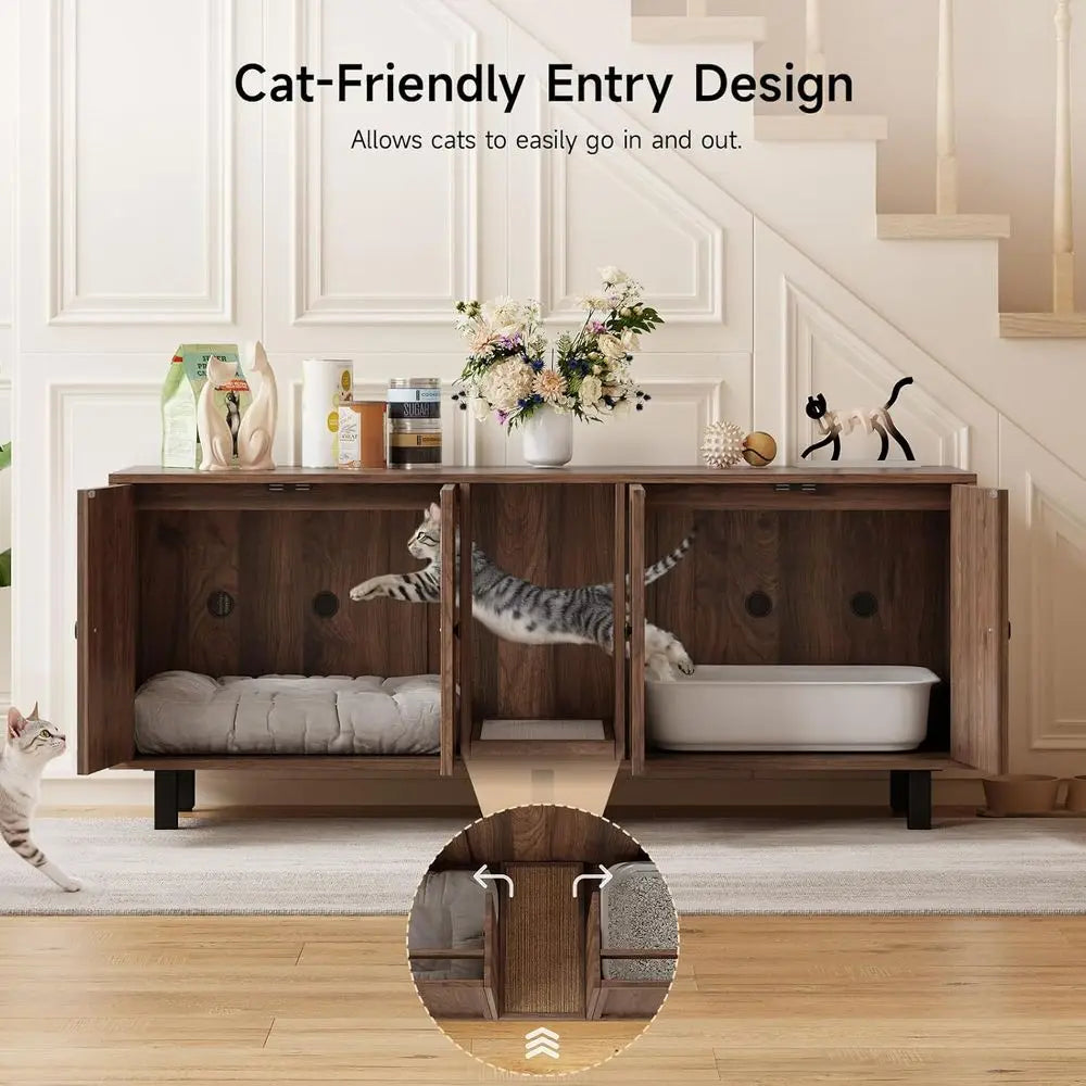 Wooden Double Compartment Cat Litter Enclosure With Scratch Pad