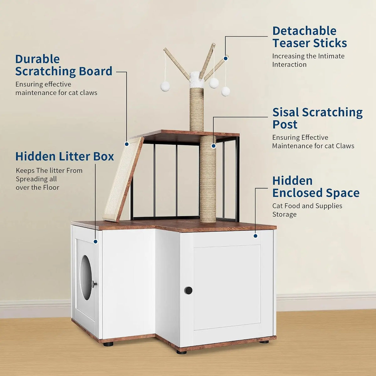 Garvee Wood Cat Corner Activity Tree With Hidden Storage Cabinet