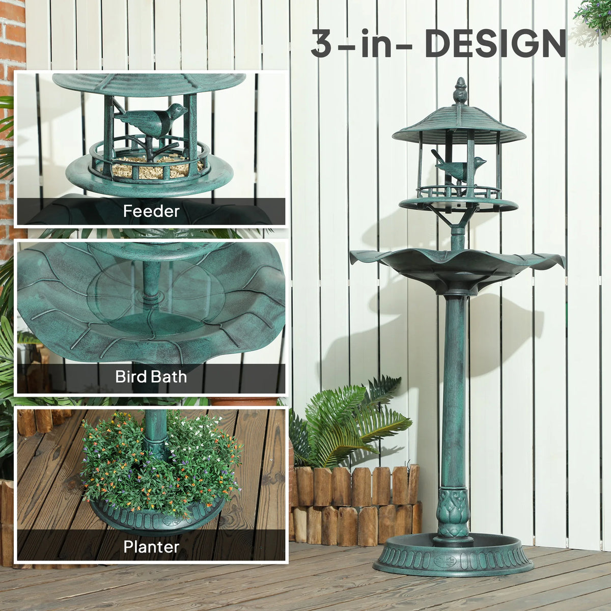 Outsunny Resin Outdoor Pedestal Bird Bath With Integrated Feeder Planter