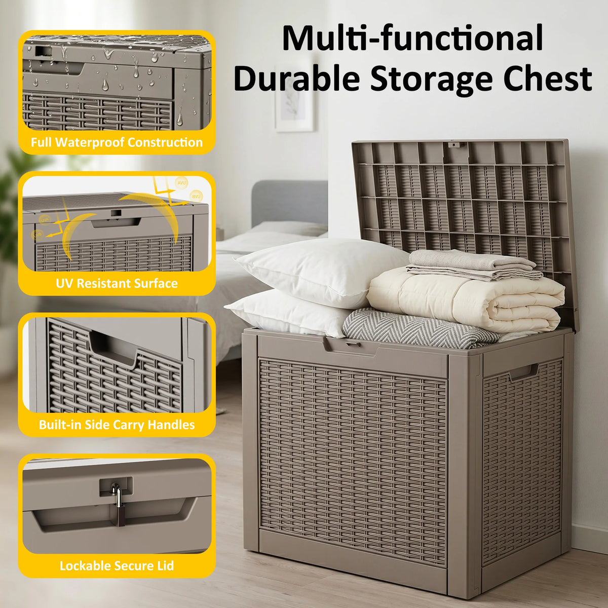 Textured Rattan Resin Outdoor Storage Deck Box Weatherproof Lockable Patio