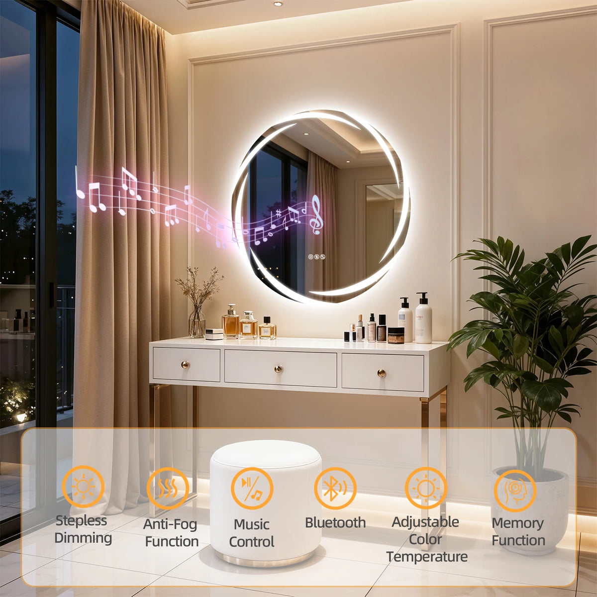 Round Bluetooth LED Bathroom Mirror Defog Speakers Dimming