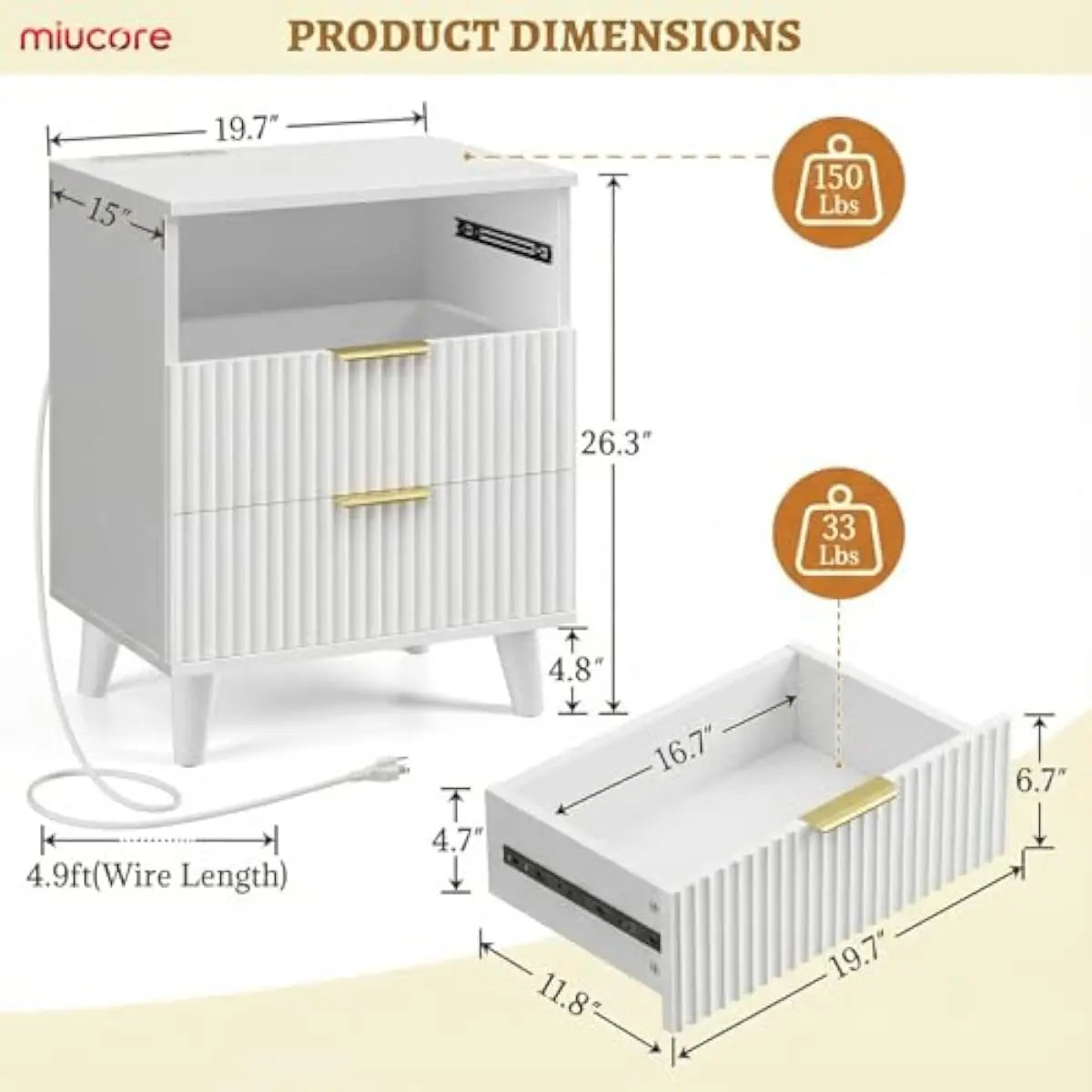 Modern Fluted Nightstand With Soft Close Drawers And Usb Ports