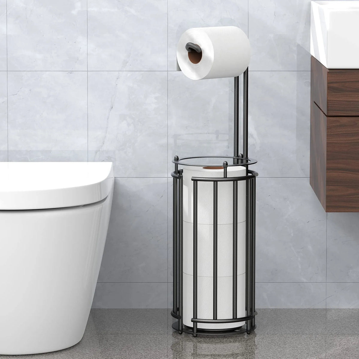 Freestanding Bathroom Toilet Paper Holder With Spare Roll Storage