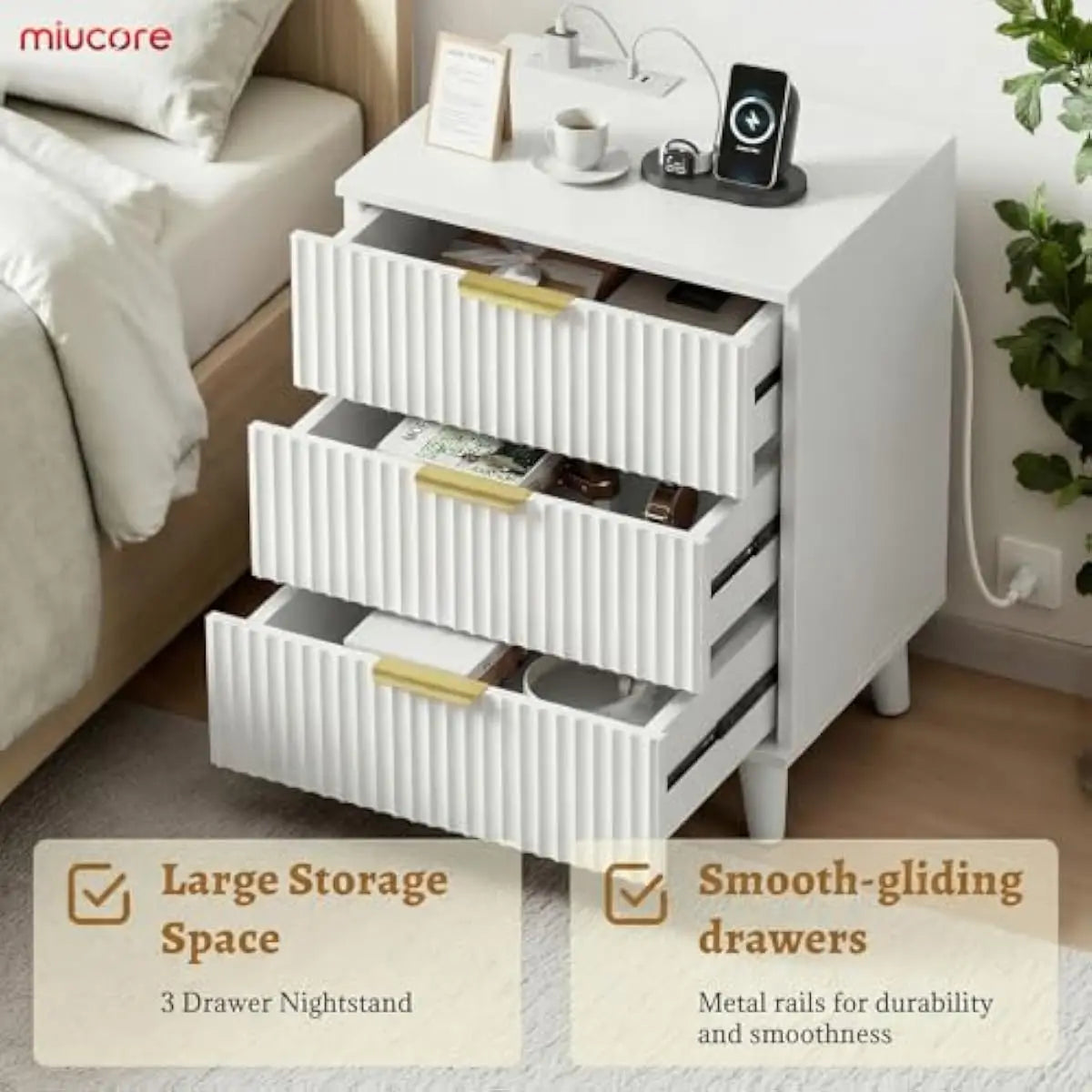 Modern Fluted Nightstand With Soft Close Drawers And Usb Ports