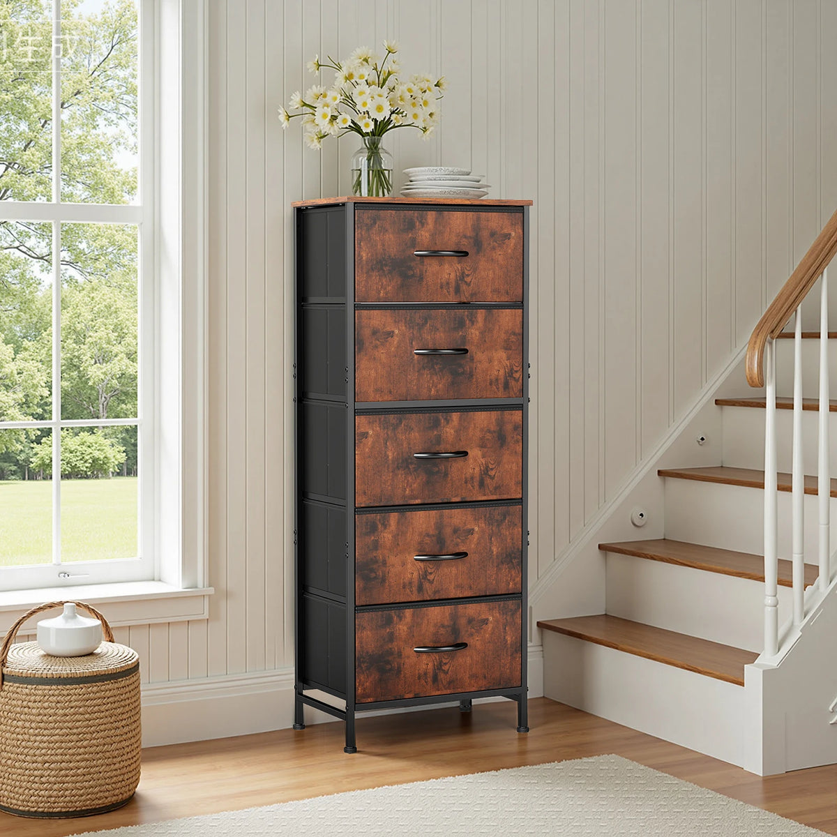 JHK Modern Bedroom Dresser With Five Fabric Drawers Cabinet