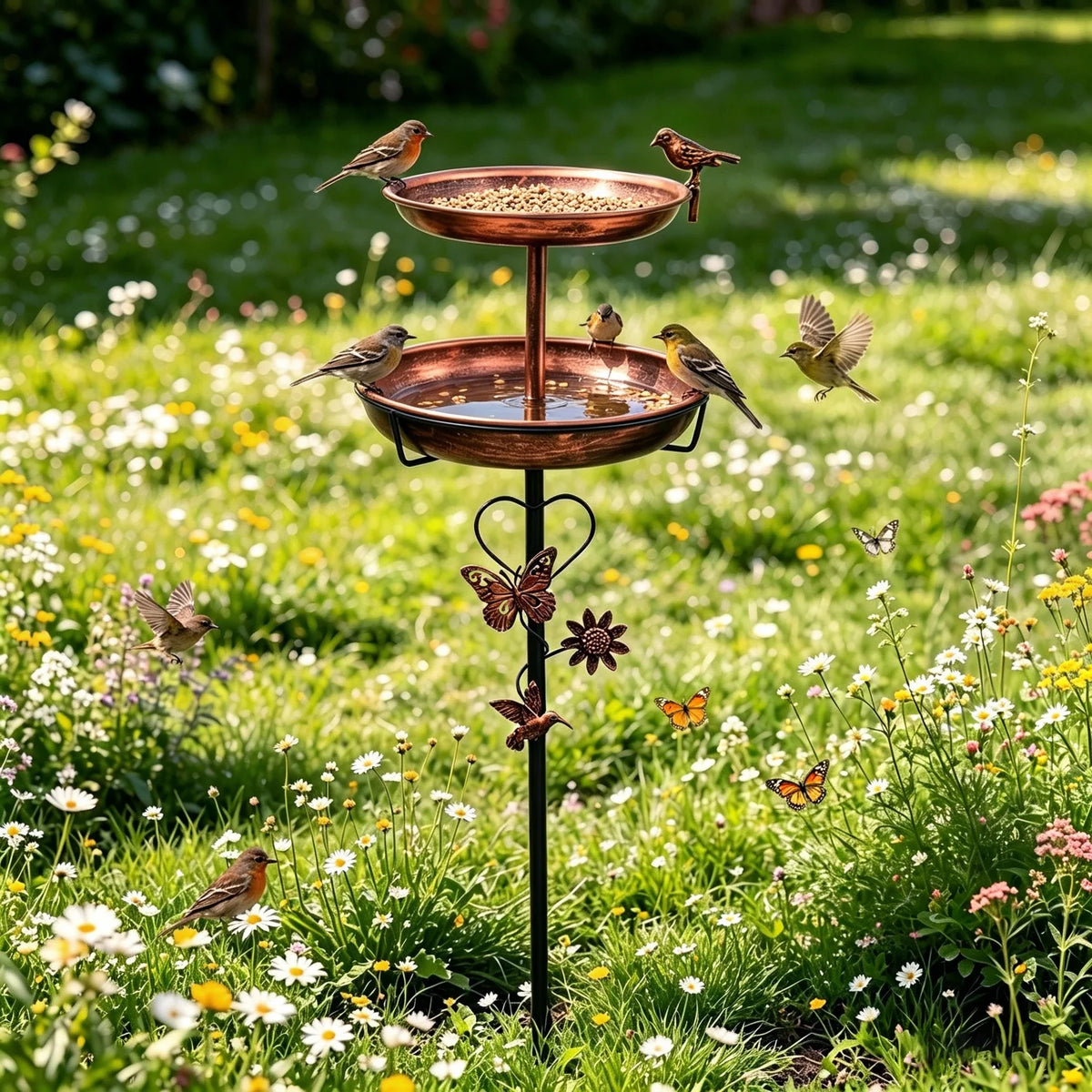 Double Layer Bird Bath Stand Outdoor Metal Garden Decor