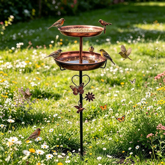 Double Layer Bird Bath Stand Outdoor Metal Garden Decor