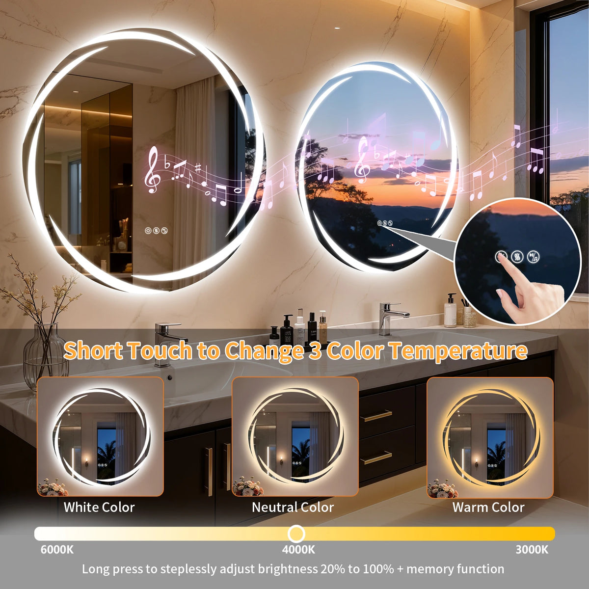 Round Bluetooth LED Bathroom Mirror Defog Speakers Dimming