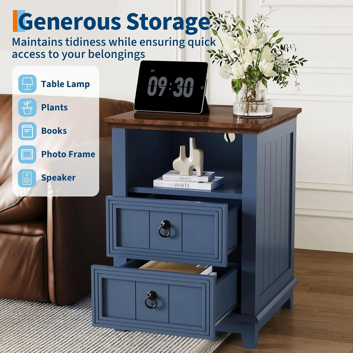 Modern Fluted Wood Nightstand With USB Charging Station And Drawers
