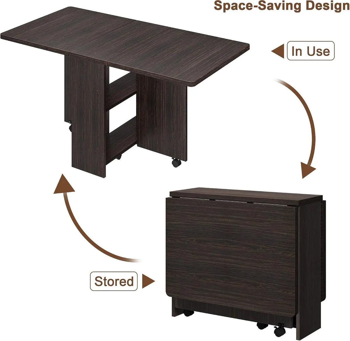 Garvee Extendable Drop Leaf Wooden Dining Table With Rolling Storage