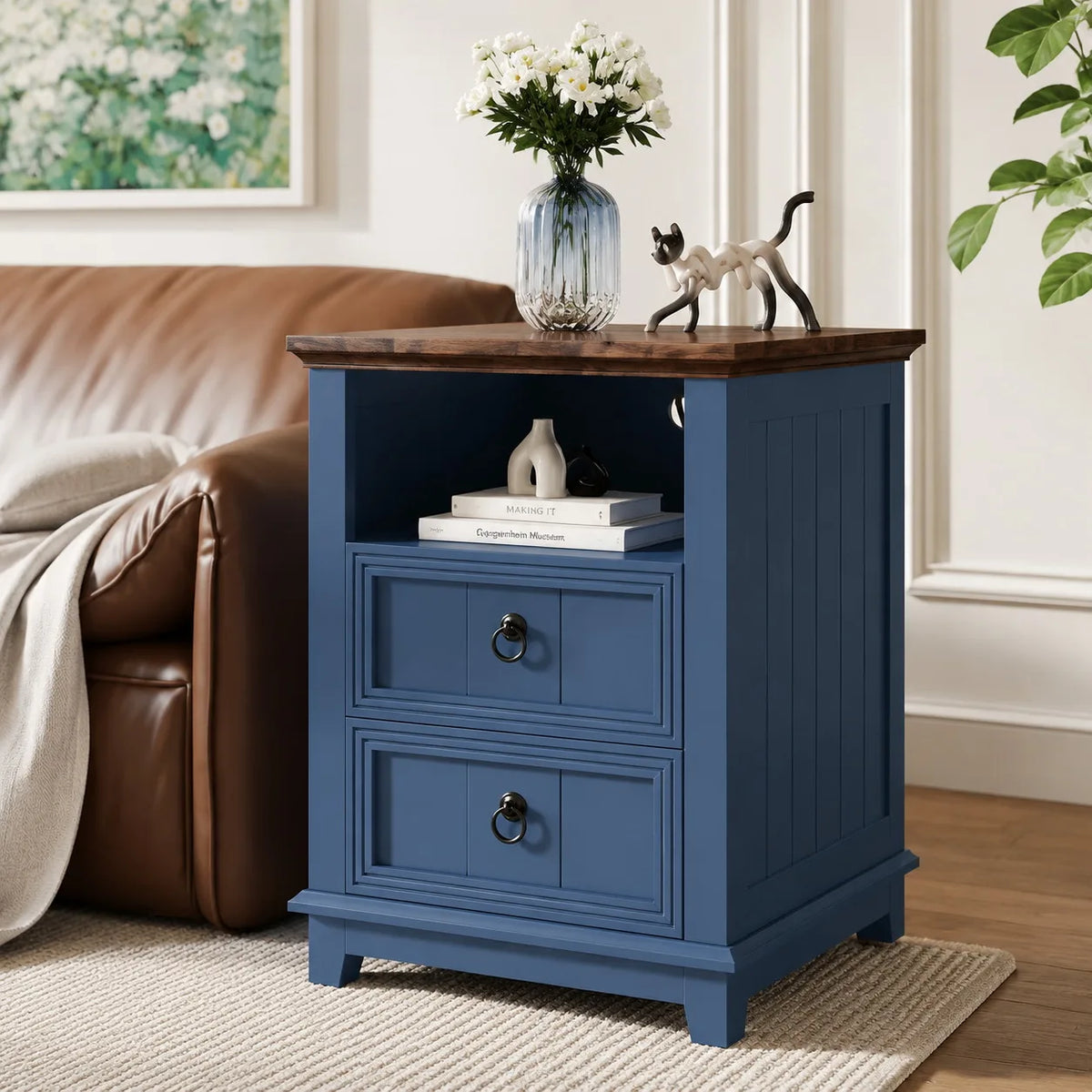 Modern Fluted Wood Nightstand With USB Charging Station And Drawers