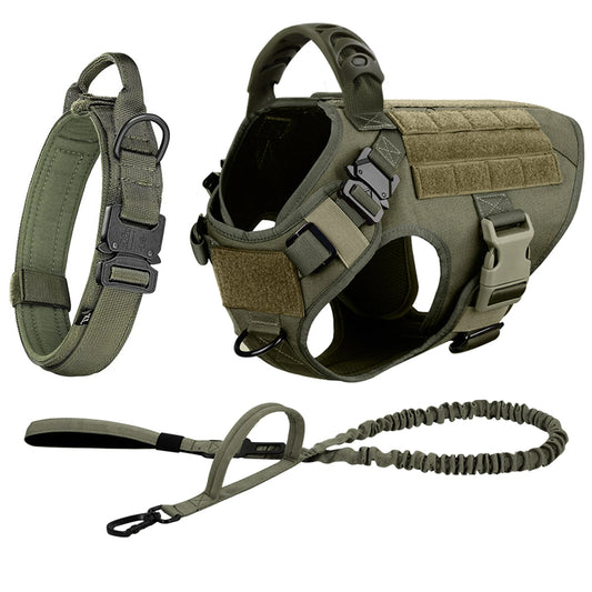 Tactical Dog Harness Collar And Leash Set Adjustable Nylon Vest