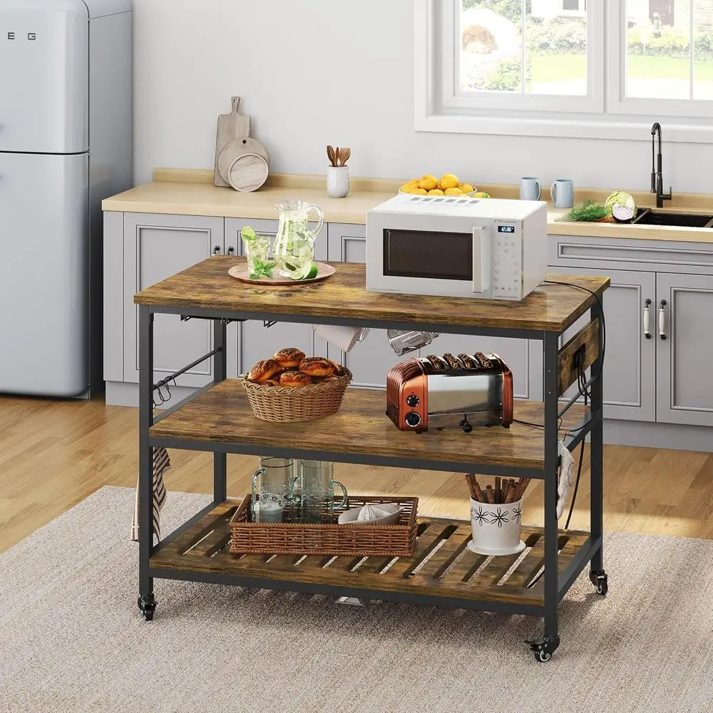 Rolling Kitchen Cart With Power Outlet And Wine Rack